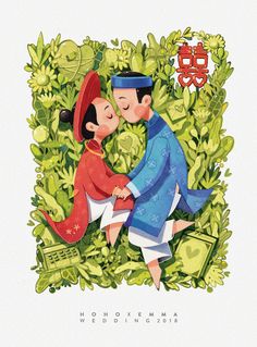 an illustration of two people kissing in the middle of some bushes with money on it