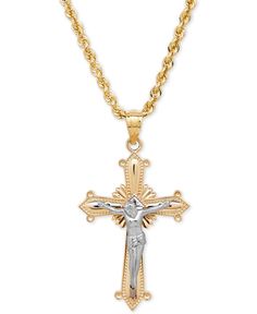 An exquisitely crafted two-tone crucifix is suspended from a luxurious rope-style chain in this pendant necklace created in 14k gold and white gold. Approximate length: 24". Approximate drop: 1-1/4". Gold Pendants For Men, Diamond Cross Pendants, White Gold Jewelry, Cross Pendant Necklace, Religious Jewelry, Mens Gift Sets, Dream Jewelry, Pretty Jewellery, Fine Silver