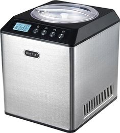 a silver and black ice cream maker with digital display on the front side, sitting in front of a white background