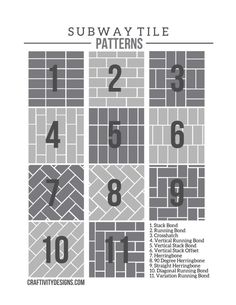 the subway tile pattern is shown in grey and white, with numbers on each side