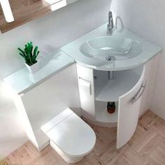 a bathroom with a toilet, sink and mirror next to a plant in a vase