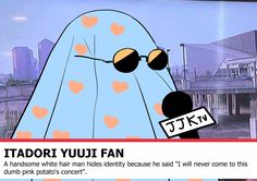 an image of a cartoon character holding a sign that says tadori yuu fan