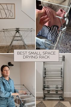 a woman standing in front of a metal rack with clothes on it and the words best small space drying rack