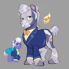 the pony is standing next to an older pony with white hair and blue eyes, while another pony stands in front of him