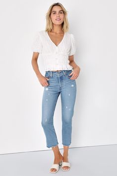 White Smocked Top - Puff Sleeve Top - Smocked Button-Front Top - Lulus Jeans And Short Sleeves Outfits, Back To School Outfits For College, Outfits For College, School Outfits For College, Lulu Fashion, Smocked Top, Button Front Top, Cloud Nine, The Arrival