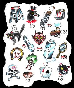 an old school tattoo design with lots of different things on it, including cats and skulls