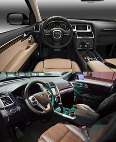 the interior of a car is shown in two different colors