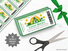 st patrick's day ticket with scissors and green ribbon