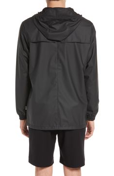 This lightweight, waterproof jacket with a longline silhouette keeps minimalism at the forefront as it keeps you dry. A hood with a built-in cap, adjustable hemline and underarm eyelets bring comfort and breathability to the design that closes with a two-way, waterproof zipper. 30" length (size Medium) Hidden front-zip closure Drawstring hood Long sleeves with elastic cuffs 100% polyester Machine wash, dry flat Imported Casual Black Weatherproof Raincoat, Casual Black Raincoat, Windbreaker With Drawstring Hood For Rainy Weather, Solid Windbreaker With Drawstring Hood For Rainy Weather, Solid Color Windbreaker With Drawstring Hood For Rainy Weather, Casual Nylon Raincoat With Storm Flap, Rainy Weather Windbreaker With Drawstring Hood, Recycled Polyester Hooded Windbreaker With Drawstring, Sporty Waterproof Hooded Jacket