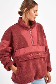 Cozy Tops With Pockets For Cold Weather, Adidas Casual Fall Outerwear, Adidas Long Sleeve Winter Outerwear, Sporty Red Fleece Jacket For Fall, Sporty Sherpa Fleece Jacket For Fall, Red Fleece Jacket With Fleece Lining For Winter, Red Winter Fleece Jacket With Fleece Lining, Adidas Outerwear For Cold Weather, Trendy Adidas Winter Outerwear