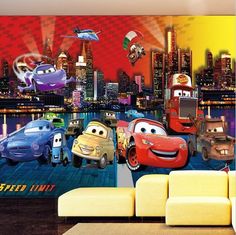 this is an image of cars in the city at night time wallpaper mural for children's room