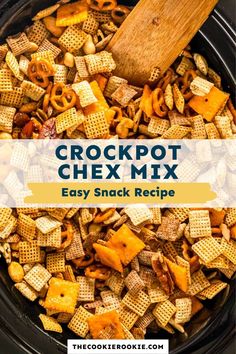 crockpot chex mix in a slow cooker with the words easy snack recipe