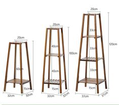 three wooden shelves are shown with measurements for each shelf