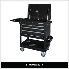 a black tool box on wheels with the words standard duty written below it and an image of