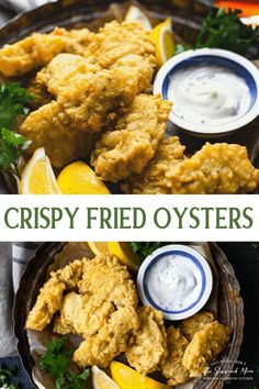 crispy fried oysters on a plate with lemon wedges and sour cream sauce