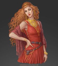 a drawing of a woman with long red hair wearing a red dress and gold jewelry