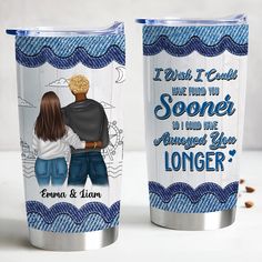 two personalized travel mugs with the words, i wish i could't find you