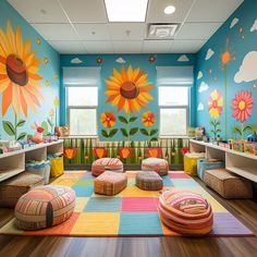 a child's playroom with sunflowers painted on the walls and floor