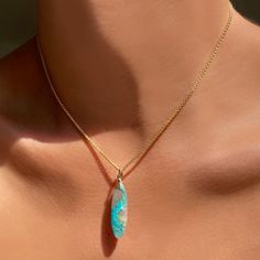 14k recycled yellow gold ripple bale Stone: Chrysocolla in Quartz from Arizona 9x40 mm surfboard Bail Interior: 7x3 mm Made in NYC Yellow Gold Oval Pendant With Lobster Clasp, Letter Charm, Made Jewelry, Rocks And Gems, Recycled Gold, Treasure Chest, Summer Jewelry, Beautiful Things, Layered Necklaces