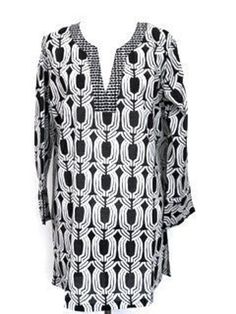 AURORA BLACK Cotton Kurta Tunic.  People love this kurta tops for their simple, yet ultra-flattering shape. The Aurora Black is a chic modern print in black and white.  This tunic is a perfect basic for work, errands, travel, resort, and beach. A definite Bankable Basic. The Kurta is made from our signature blu Cotton, a blend of recycled and virgin cotton. Featuring split sleeves and contrasting neckline and cuffs, this top is eco-friendly and fabulous!  Side vents. Material: 85% recycled cotton, 15% virgin cotton Price: $28.00 Sizes: Small (4-6 US), Medium (10-12 US), Large (14 US), XLg (16 US) Care Instructions: Machine wash cold Global Origin:  Made in India Shipping is free within the continental USA. Cotton Kurta, Modern Print, The Aurora, Womens Tunics, Modern Prints, Recycled Cotton, Black Cotton, Womens Clothing Tops, Aurora