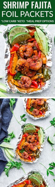 shrimp fajita foil packets with peppers and avocado on top, served in foil