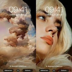 two pictures with the same image on them, one has clouds and the other is a woman's face