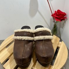 Brand New, No Box Cream Mules With Wooden Heel And Round Toe, Cream Leather Mules With Wooden Heel, Cream Leather Closed Toe Clogs, Cream Leather Clogs With Wooden Heel, Cream Closed Toe Clogs With Wooden Heel, Casual Cream Leather Clogs, Heeled Clogs, Clog Heels, Mule Clogs