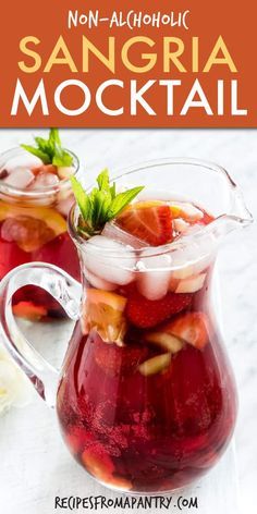 two pitchers filled with fruit and ice on top of a white countertop next to sliced bananas