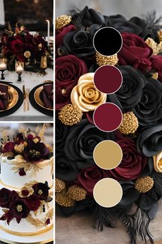 the wedding cake is decorated with burgundy and gold flowers