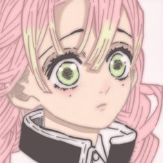 an anime character with pink hair and green eyes