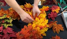 a person is cutting leaves with scissors on a black tablecloth covered in fall colored leaves