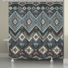 a shower curtain with an abstract design in blue, brown and beige colors on it