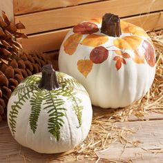 two painted pumpkins sitting on top of hay next to pine cones and straw bales