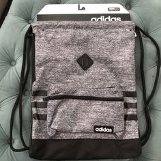 Adidas Grey And Black Back Sack Cinch Ties Nwt Adidas Black Gym Bag, Functional Black Adidas Gym Bag, Sporty Drawstring Bag For Everyday Use, Adidas Casual Sports Gym Bag, Casual Black Adidas Gym Bag, Adidas Casual Travel Gym Bag, Casual Adidas Gym Bag For Travel, Small Backpack Black, Black Fanny Pack