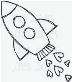 a black and white drawing of a rocket ship flying through the air with hearts around it