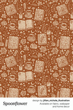 an orange and white pattern with books on it