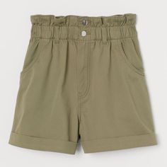 H&M High Waisted Shorts Size 4 Color Khaki Green High Paper-Bag Waistband, And Zip Fly With Buttons. Side Pockets And Wide Legs With Sewn Fold Over Cuff C Grey Sweat Shorts, High Wasted Shorts, Grey Sweats, Paper Bag Shorts, Black High Waisted Shorts, White Denim Jeans, White Denim Shorts, H&m Shorts, High Waisted Jean Shorts