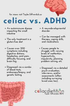 A dietitian who specializes in celiac and has ADHD breaks down the connection between ADHD and celiac disease plus tips for managing both... Autoimmune Diet Recipes, Celiac Symptoms, Autoimmune Diet