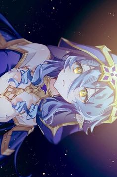 an anime character with long hair and blue eyes, standing in front of a star filled sky