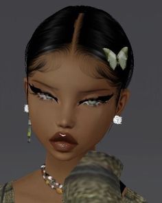 an animated woman with butterfly earrings on her head