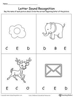 the letter sound recognition worksheet is shown with pictures of animals, letters and an envelope