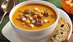 a white bowl filled with soup next to a slice of bread on a plate and an orange pumpkin in the background