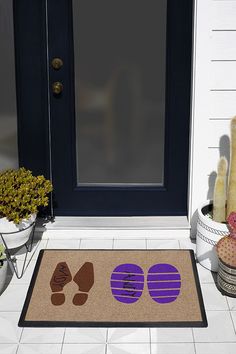 a door mat with two sunglasses on it next to a potted cactus and cacti