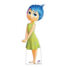 a cartoon character with blue hair is standing in front of a white background and wearing a green dress