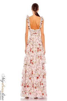 This beautiful long dress is perfect for any special evening occasion. It is crafted with a Chiffon material for a light and airy feel, perfect for the warm summer months. With a v-neck neckline and a low back with zipper closure, this A-Line style dress is accented with beautiful floral print and tiered ruffles for an elegant and sophisticated look. With its sleeveless design this dress is sure to be the star of the show at your next event! Print Formal Dress, Floral Print Chiffon Dress, Floral Print Gowns, Designer Formal Dresses, Printed Gowns, Chiffon Evening Dresses, Floral Gown, Floral Print Chiffon, Chiffon Fashion