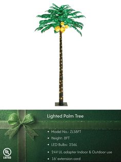 a palm tree with lights on it in front of a white background and green ribbon