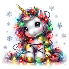 a white unicorn with christmas lights around it's neck sitting on top of a pile of snowflakes