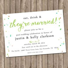 a wedding card with confetti on it and the words eat drink and they're married