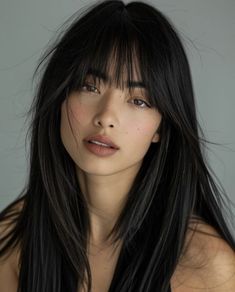 Straight Hairstyles Wolfcut, Long Bangs Around The Face, Hairstyle Long With Bangs, Bangs On Straight Hair Long, Straight Black Hair With Fringe, Bangs And Straight Long Hair, Soft Bangs Long Hair Straight, Long Asian Hair With Bangs, Straight And Sleek Hairstyles