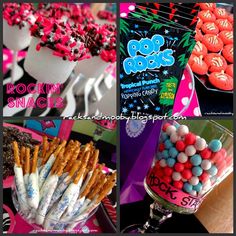 several pictures of different desserts and snacks in glass vases with candy sticks sticking out of them